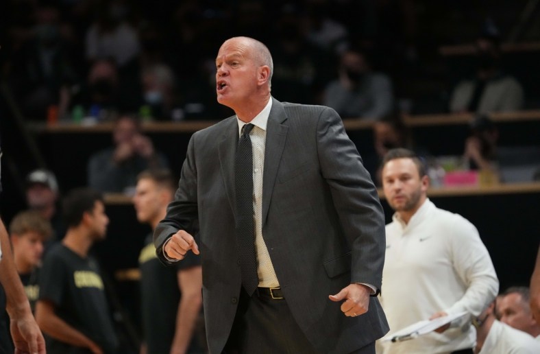 Dec 4, 2021; Boulder, Colorado, USA; Colorado Buffaloes head coach Tad Boyle during the second half against the Tennessee Volunteers at the CU Events Center. Mandatory Credit: Ron Chenoy-USA TODAY Sports