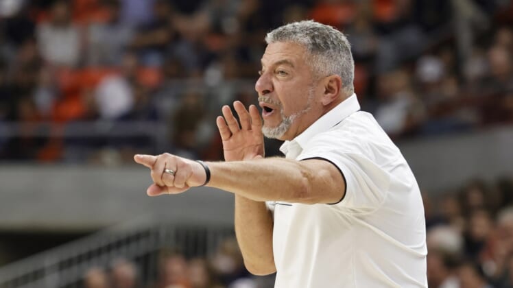 Dec 4, 2021; Auburn, Alabama, USA;  Auburn Tigers head coach Bruce Pearl directs his team against the Yale Bulldogs during the second half at Auburn Arena. Mandatory Credit: John Reed-USA TODAY Sports