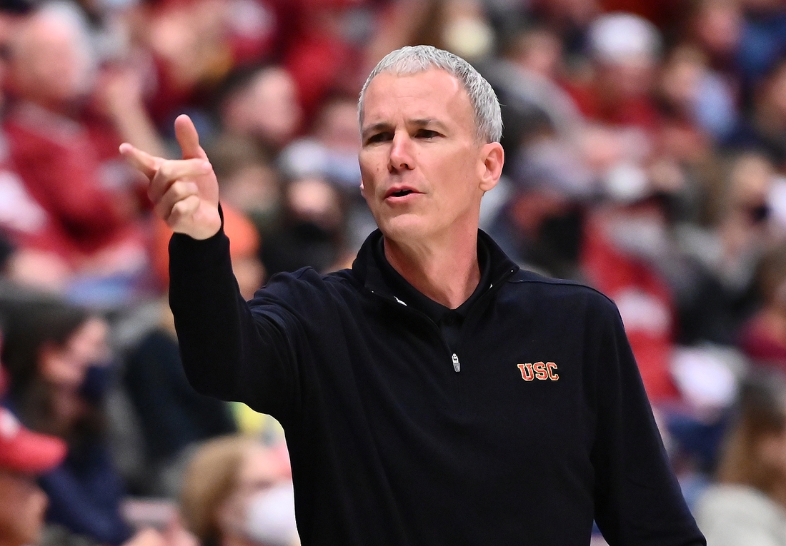 Dec 4, 2021; Pullman, Washington, USA; USC Trojans head coach Andy Enfield looks on against the Washington State Cougars in the first half at Friel Court at Beasley Coliseum. Mandatory Credit: James Snook-USA TODAY Sports