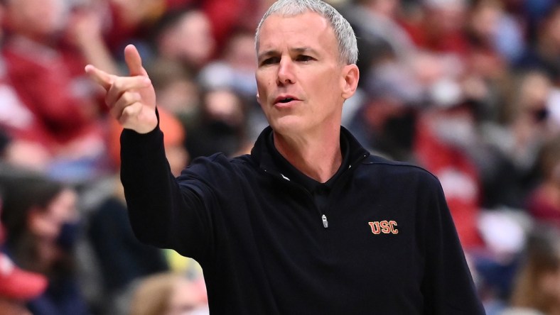 Dec 4, 2021; Pullman, Washington, USA; USC Trojans head coach Andy Enfield looks on against the Washington State Cougars in the first half at Friel Court at Beasley Coliseum. Mandatory Credit: James Snook-USA TODAY Sports