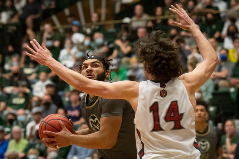 Colorado State Rams' David Roddy eyes the basket while defended by Saint Mary's Gaels Kyle Bowen, Saturday, Dec. 4, 2021, at Moby Arena.

Ftc 1204 Ja Stmarys Csu Mbball 046