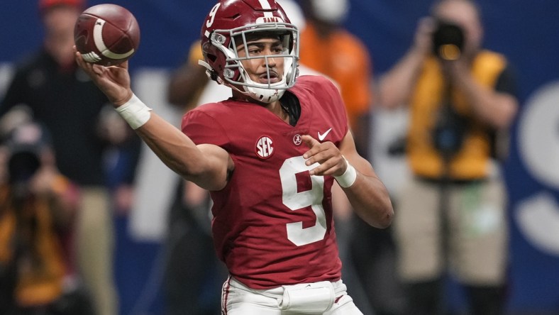 Dec 4, 2021; Atlanta, GA, USA; Alabama Crimson Tide quarterback Bryce Young (9) passes against the Georgia Bulldogs during the second half at Mercedes-Benz Stadium. Mandatory Credit: Dale Zanine-USA TODAY Sports