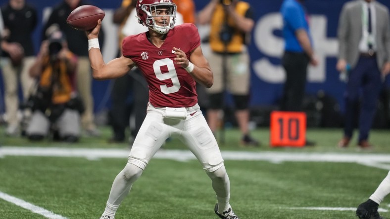 Dec 4, 2021; Atlanta, GA, USA; Alabama Crimson Tide quarterback Bryce Young (9) passes against the Georgia Bulldogs during the second half at Mercedes-Benz Stadium. Mandatory Credit: Dale Zanine-USA TODAY Sports