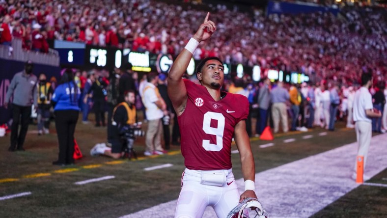 Dec 4, 2021; Atlanta, GA, USA; Alabama Crimson Tide quarterback Bryce Young (9) gestures prior to the game against the Georgia Bulldogs at Mercedes-Benz Stadium. Mandatory Credit: Dale Zanine-USA TODAY Sports