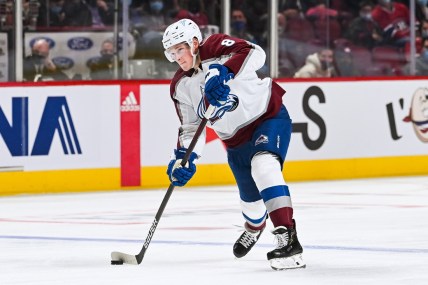Dec 2, 2021; Montreal, Quebec, CAN; Colorado Avalanche defenceman Cale Makar (8) plays the puck during the third period at Bell Centre. Mandatory Credit: David Kirouac-USA TODAY Sports