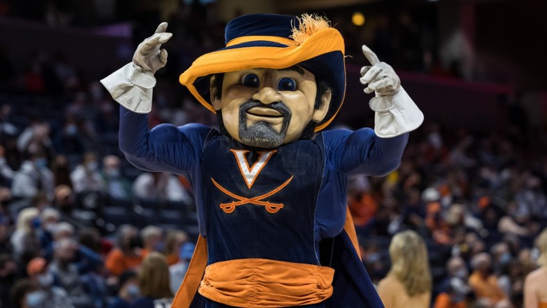 Nov 29, 2021; Charlottesville, Virginia, USA; The Virginia Cavaliers mascot performs during the second half of the game between the Virginia Cavaliers and the Iowa Hawkeyes at John Paul Jones Arena. Mandatory Credit: Scott Taetsch-USA TODAY Sports