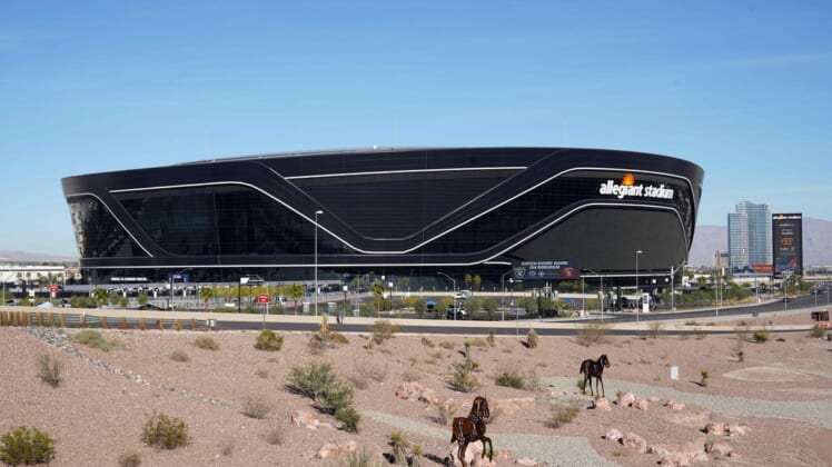 Dec 5, 2021; Paradise, Nevada, USA; A general overall view of the Allegiant Stadium exterior. Mandatory Credit: Kirby Lee-USA TODAY Sports