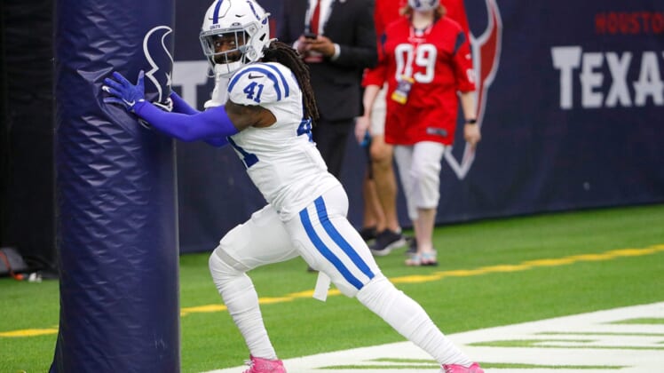 Indianapolis Colts safety Jahleel Addae (41) warms up to face the Texans on Sunday, Dec. 5, 2021, at NRG Stadium in Houston.Indianapolis Colts Versus Houston Texans On Sunday Dec 5 2021 At Nrg Stadium In Houston Texas