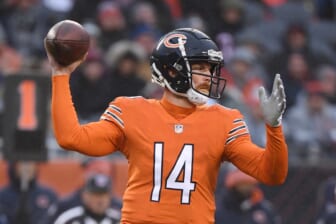Dec 5, 2021; Chicago, Illinois, USA; Chicago Bears quarterback Andy Dalton (14) passes the football in the first half against the Arizona Cardinals at Soldier Field. Mandatory Credit: Quinn Harris-USA TODAY Sports