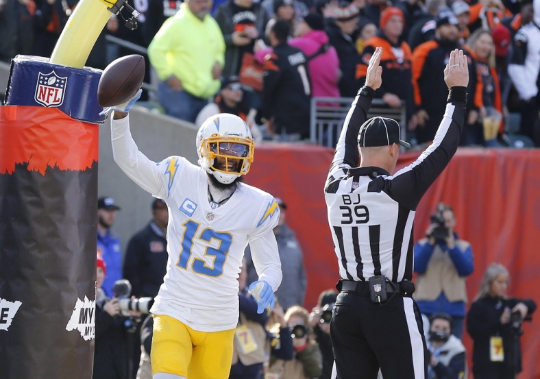 Dec 5, 2021; Cincinnati, Ohio, USA; Los Angeles Chargers wide receiver Keenan Allen (13) celebrates the touchdown  catch during the first quarter against the Cincinnati Bengals at Paul Brown Stadium. Mandatory Credit: Joseph Maiorana-USA TODAY Sports