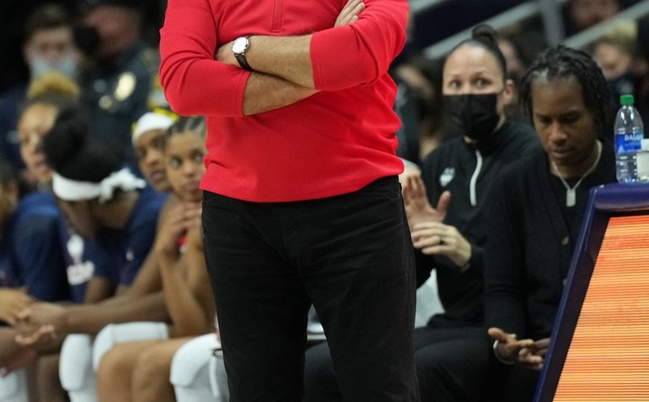 Dec 5, 2021; Storrs, Connecticut, USA; UConn Huskies head coach Geno Auriemma watches from the sideline as they take on the Notre Dame Fighting Irish in the second half at Harry A. Gampel Pavilion. Mandatory Credit: David Butler II-USA TODAY Sports