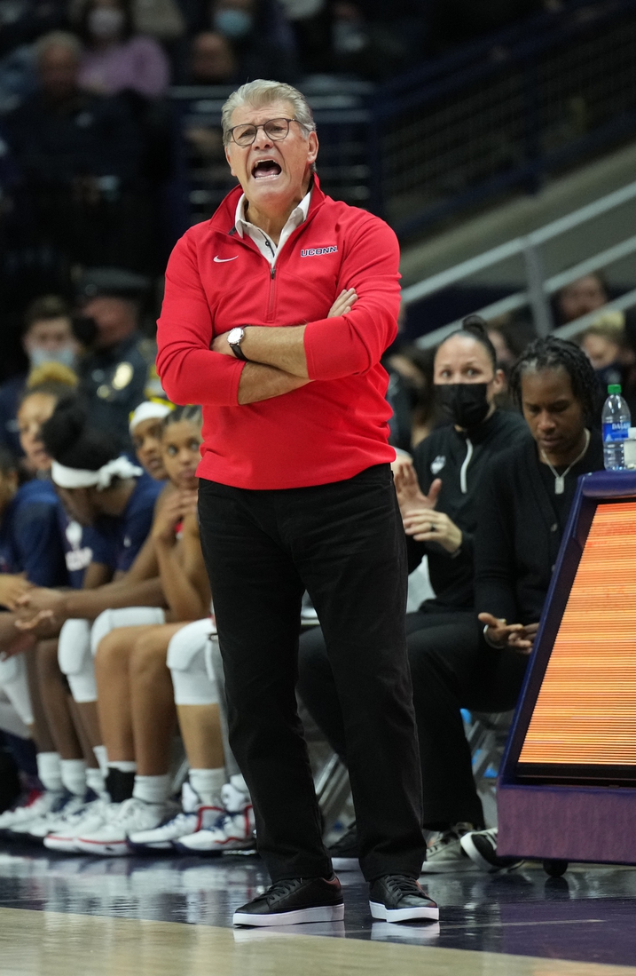 Dec 5, 2021; Storrs, Connecticut, USA; UConn Huskies head coach Geno Auriemma watches from the sideline as they take on the Notre Dame Fighting Irish in the second half at Harry A. Gampel Pavilion. Mandatory Credit: David Butler II-USA TODAY Sports