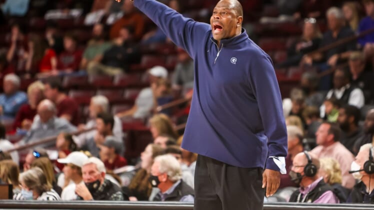 Dec 5, 2021; Columbia, South Carolina, USA; Georgetown Hoyas head coach Patrick Ewing yells from the sidelines against the South Carolina Gamecocks in the first half at Colonial Life Arena. Mandatory Credit: Jeff Blake-USA TODAY Sports