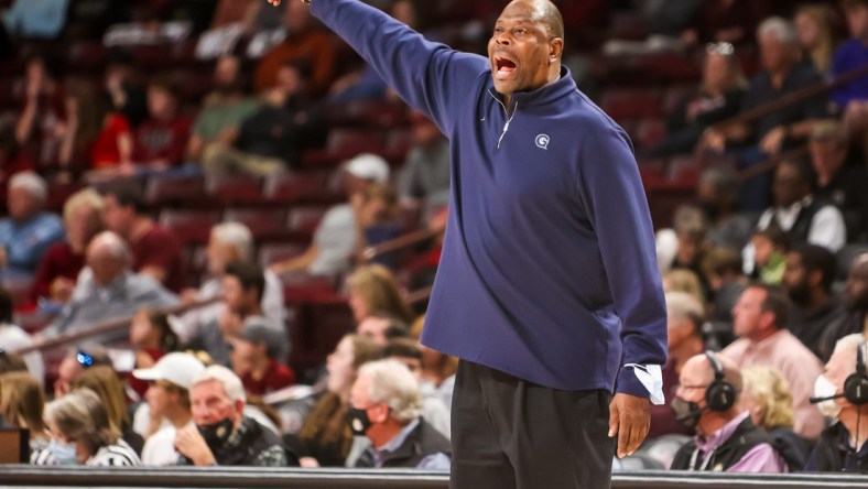 Dec 5, 2021; Columbia, South Carolina, USA; Georgetown Hoyas head coach Patrick Ewing yells from the sidelines against the South Carolina Gamecocks in the first half at Colonial Life Arena. Mandatory Credit: Jeff Blake-USA TODAY Sports