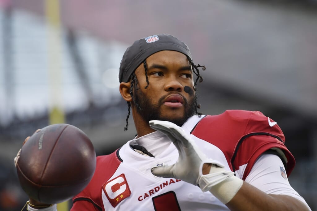 Dec 5, 2021; Chicago, Illinois, USA; Arizona Cardinals quarterback Kyler Murray (1) warms up before the game against the Chicago Bears at Soldier Field. Mandatory Credit: Quinn Harris-USA TODAY Sports