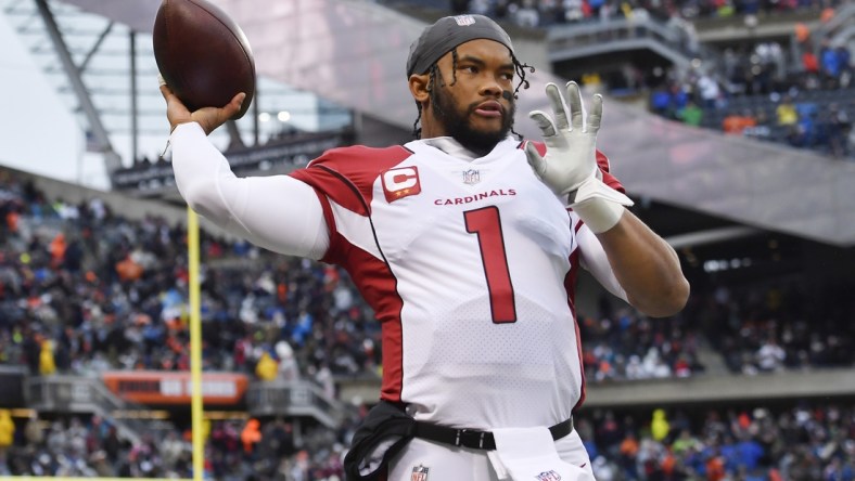 Dec 5, 2021; Chicago, Illinois, USA; Arizona Cardinals quarterback Kyler Murray (1) warms up before the game against the Chicago Bears at Soldier Field. Mandatory Credit: Quinn Harris-USA TODAY Sports