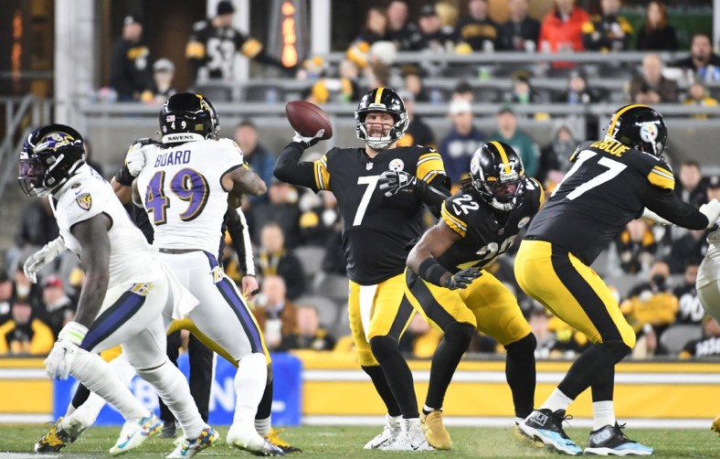 Dec 5, 2021; Pittsburgh, Pennsylvania, USA;  Pittsburgh Steelers quarterback Ben Roethlisberger (7) throws a second quarter pass against the Baltimore Ravens at Heinz Field. Mandatory Credit: Philip G. Pavely-USA TODAY Sports