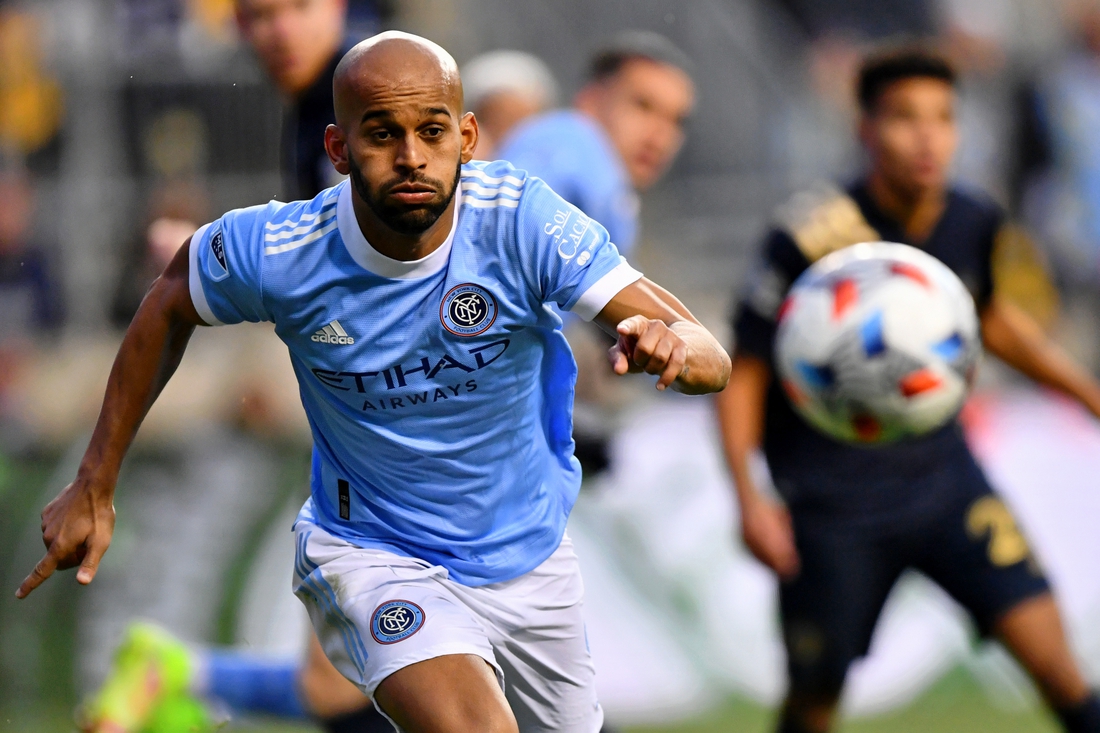 Dec 5, 2021; Chester, PA, USA; New York City FC forward Heber (9) chases after a ball against the Philadelphia Union during the second half of the Eastern Conference Finals of the 2021 MLS Playoffs at Subaru Park. New York City FC won 2-1. Mandatory Credit: Kyle Ross-USA TODAY Sports