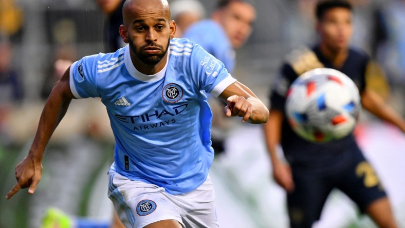 Dec 5, 2021; Chester, PA, USA; New York City FC forward Heber (9) chases after a ball against the Philadelphia Union during the second half of the Eastern Conference Finals of the 2021 MLS Playoffs at Subaru Park. New York City FC won 2-1. Mandatory Credit: Kyle Ross-USA TODAY Sports