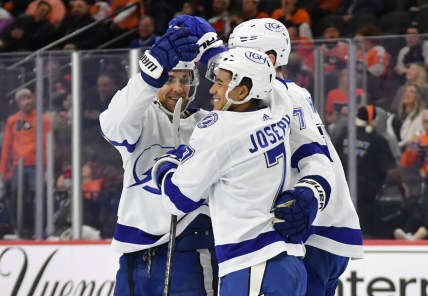 Dec 5, 2021; Philadelphia, Pennsylvania, USA; Tampa Bay Lightning right wing Mathieu Joseph (7) celebrates his shorthanded goal with defenseman Jan Rutta (44) and defenseman Victor Hedman (77) against the Philadelphia Flyers during the second period at Wells Fargo Center. Mandatory Credit: Eric Hartline-USA TODAY Sports