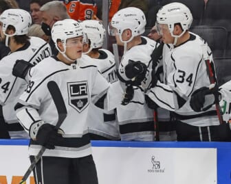Dec 5, 2021; Edmonton, Alberta, CAN; Los Angeles Kings forward Rasmus Kupari (89) celebrates a first period goal against the Edmonton Oilers at Rogers Place. Mandatory Credit: Perry Nelson-USA TODAY Sports