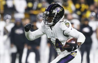 Dec 5, 2021; Pittsburgh, Pennsylvania, USA;  Baltimore Ravens wide receiver Sammy Watkins (14) runs after a catch against the Pittsburgh Steelers during the fourth quarter at Heinz Field.Pittsburgh won 20-19.  Mandatory Credit: Charles LeClaire-USA TODAY Sports