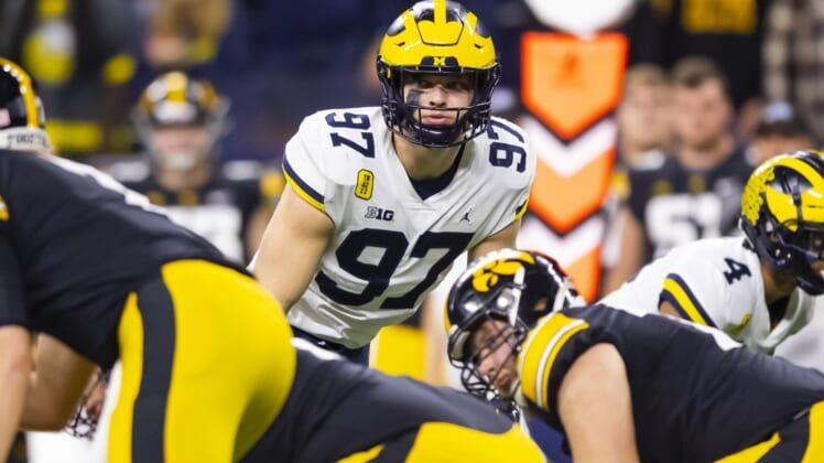 Dec 4, 2021; Indianapolis, IN, USA; Michigan Wolverines defensive end Aidan Hutchinson (97) against the Iowa Hawkeyes in the Big Ten Conference championship game at Lucas Oil Stadium. Mandatory Credit: Mark J. Rebilas-USA TODAY Sports