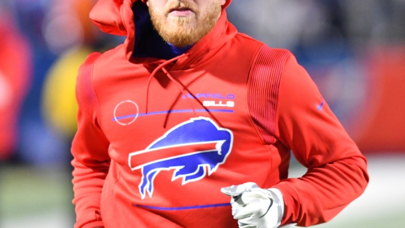 Dec 6, 2021; Orchard Park, New York, USA; Buffalo Bills wide receiver Cole Beasley warms up before a game against the New England Patriots at Highmark Stadium. Mandatory Credit: Mark Konezny-USA TODAY Sports