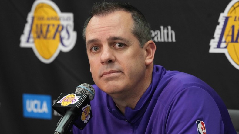 Dec 7, 2021; Los Angeles, California, USA; Los Angeles Lakers coach Frank Vogel at a press conference prior to the game against the Boston Celtics Staples Center. Mandatory Credit: Kirby Lee-USA TODAY Sports