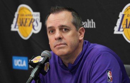 Dec 7, 2021; Los Angeles, California, USA; Los Angeles Lakers coach Frank Vogel at a press conference prior to the game against the Boston Celtics Staples Center. Mandatory Credit: Kirby Lee-USA TODAY Sports