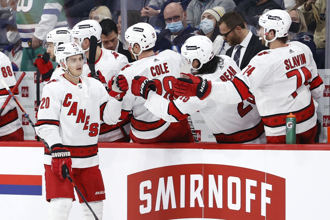 Dec 7, 2021; Winnipeg, Manitoba, CAN; Carolina Hurricanes right wing Sebastian Aho (20) celebrates his second period goal against the Winnipeg Jets at Canada Life Centre. Mandatory Credit: James Carey Lauder-USA TODAY Sports