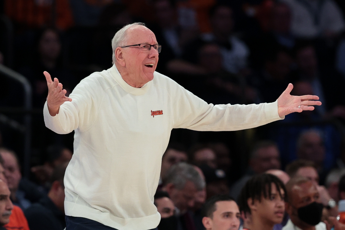 Dec 7, 2021; New York, New York, USA; Syracuse Orange head coach Jim Boeheim reacts during the first half against the Villanova Wildcats at Madison Square Garden. Mandatory Credit: Vincent Carchietta-USA TODAY Sports