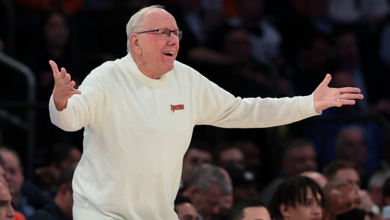 Dec 7, 2021; New York, New York, USA; Syracuse Orange head coach Jim Boeheim reacts during the first half against the Villanova Wildcats at Madison Square Garden. Mandatory Credit: Vincent Carchietta-USA TODAY Sports