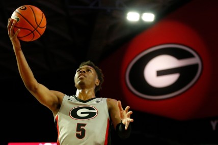 Georgia's Christian Wright (5) takes a shot during an NCAA basketball game between Jacksonville and Georgia in Athens, Ga., on Tuesday, Dec. 7, 2021. Georgia won 69-58.