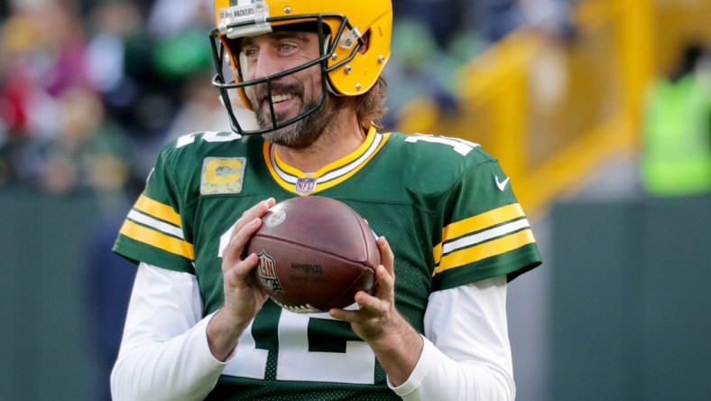 Green Bay Packers quarterback Aaron Rodgers (12) warms up before the Green Bay Packers play the Seattle Seahawks at Lambeau Field in Green Bay on Sunday, Nov. 14, 2021.

Mjs 211114 Packers Seahawks 00382