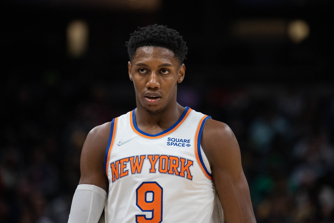 Dec 8, 2021; Indianapolis, Indiana, USA; New York Knicks guard RJ Barrett (9) in the second half against the Indiana Pacers at Gainbridge Fieldhouse. Mandatory Credit: Trevor Ruszkowski-USA TODAY Sports