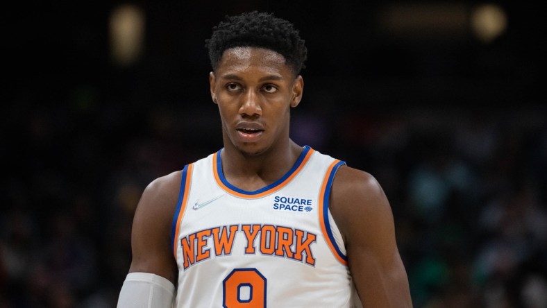 Dec 8, 2021; Indianapolis, Indiana, USA; New York Knicks guard RJ Barrett (9) in the second half against the Indiana Pacers at Gainbridge Fieldhouse. Mandatory Credit: Trevor Ruszkowski-USA TODAY Sports