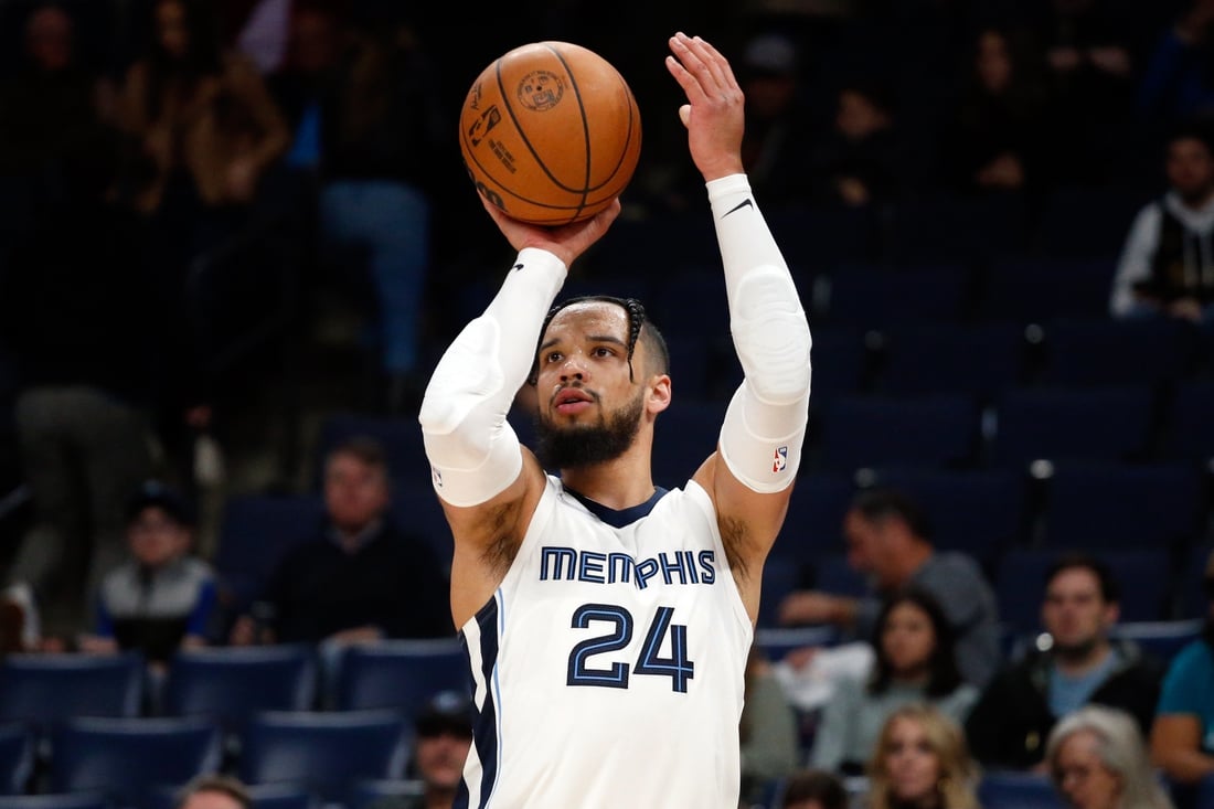 Nov 24, 2021; Memphis, Tennessee, USA; Memphis Grizzles guard Dillon Brooks (24) shoots for three during the second half against the Toronto Raptors at FedExForum. Mandatory Credit: Petre Thomas-USA TODAY Sports
