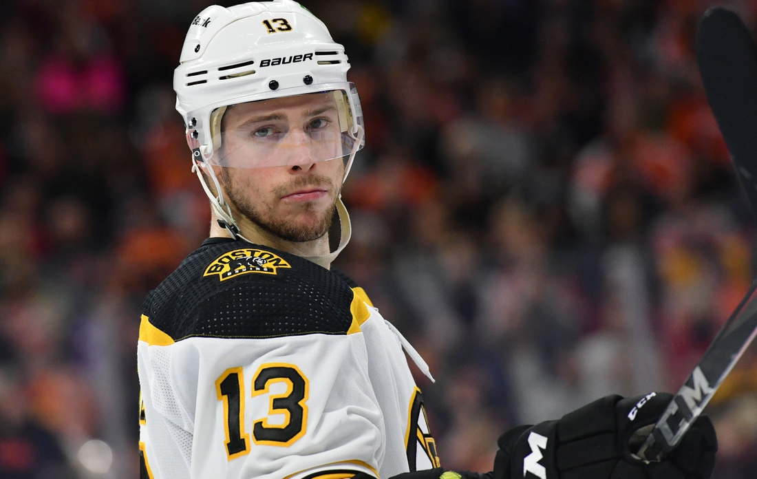 Nov 20, 2021; Philadelphia, Pennsylvania, USA;  Boston Bruins center Charlie Coyle (13) against the Philadelphia Flyers during the third period at Wells Fargo Center. Mandatory Credit: Eric Hartline-USA TODAY Sports