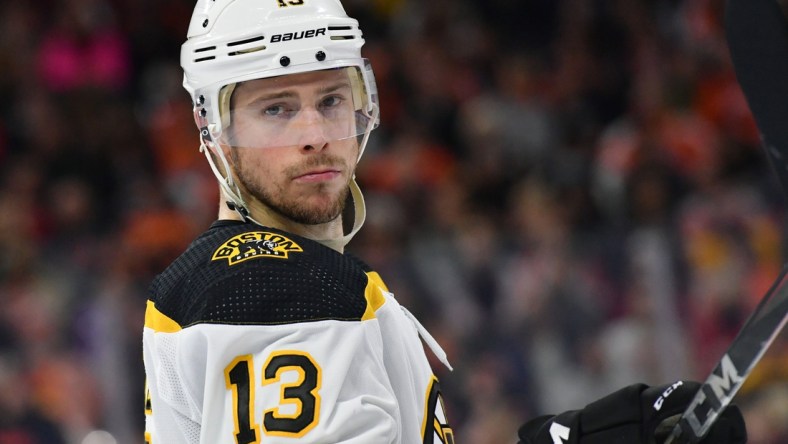 Nov 20, 2021; Philadelphia, Pennsylvania, USA;  Boston Bruins center Charlie Coyle (13) against the Philadelphia Flyers during the third period at Wells Fargo Center. Mandatory Credit: Eric Hartline-USA TODAY Sports