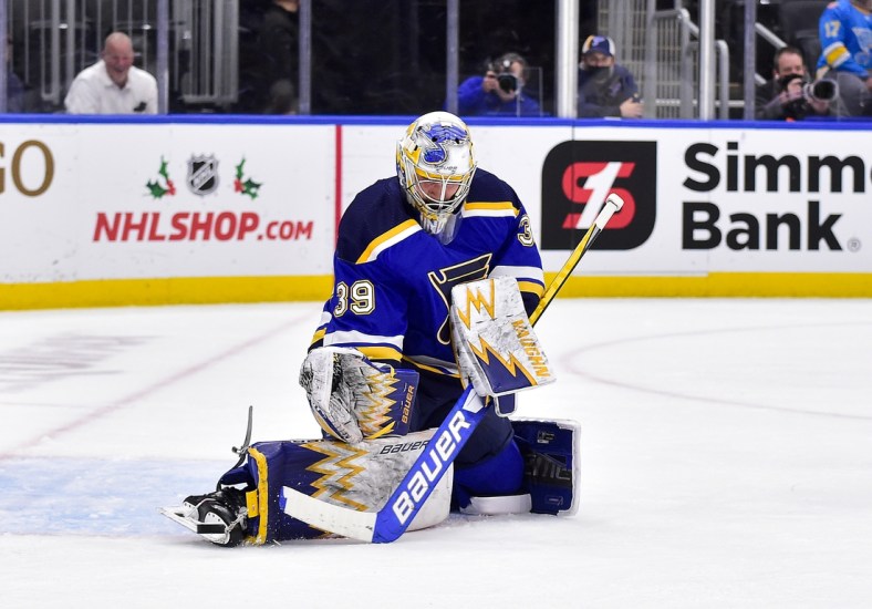 Dec 9, 2021; St. Louis, Missouri, USA;  St. Louis Blues goaltender Charlie Lindgren (39) makes a save against the Detroit Red Wings during the first period at Enterprise Center. Mandatory Credit: Jeff Curry-USA TODAY Sports