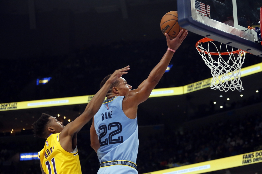 Dec 9, 2021; Memphis, Tennessee, USA; Memphis Grizzles guard Desmond Bane (22) drives to the basket as Los Angeles Lakers guard Malik Monk (11) defends during the second half at FedExForum. Mandatory Credit: Petre Thomas-USA TODAY Sports