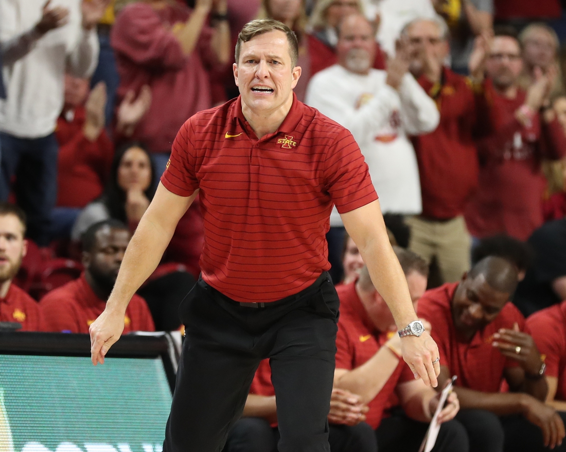 Dec 9, 2021; Ames, Iowa, USA; Iowa State Cyclones head coach T. J. Otzelberger looks on against the Iowa Hawkeyes at James H. Hilton Coliseum. Mandatory Credit: Reese Strickland-USA TODAY Sports