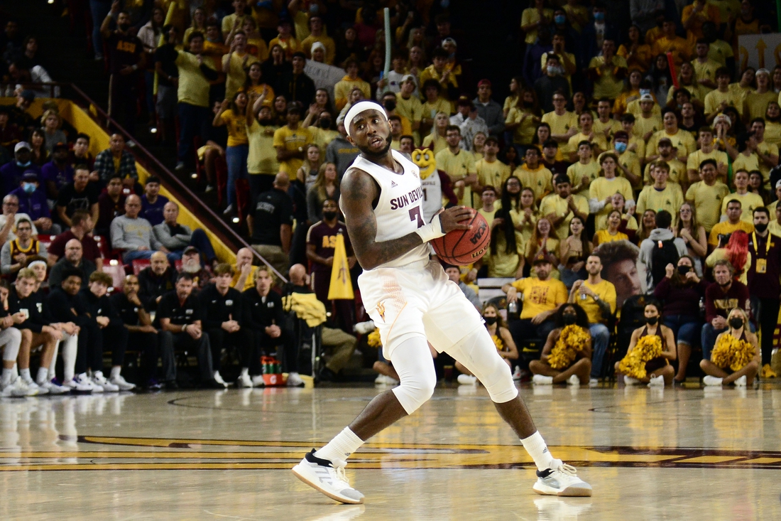 Dec 9, 2021; Tempe, Arizona, USA; Arizona State Sun Devils guard Marreon Jackson (3) dribbles the ball against the Grand Canyon Lopes during the second half at Desert Financial Arena. Mandatory Credit: Joe Camporeale-USA TODAY Sports