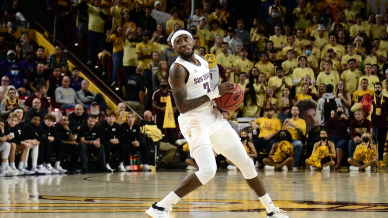 Dec 9, 2021; Tempe, Arizona, USA; Arizona State Sun Devils guard Marreon Jackson (3) dribbles the ball against the Grand Canyon Lopes during the second half at Desert Financial Arena. Mandatory Credit: Joe Camporeale-USA TODAY Sports