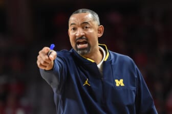 Dec 7, 2021; Lincoln, Nebraska, USA;  Michigan Wolverines head coach Juwan Howard watches action in the game against the Nebraska Cornhuskers in the first half at Pinnacle Bank Arena. Mandatory Credit: Steven Branscombe-USA TODAY Sports