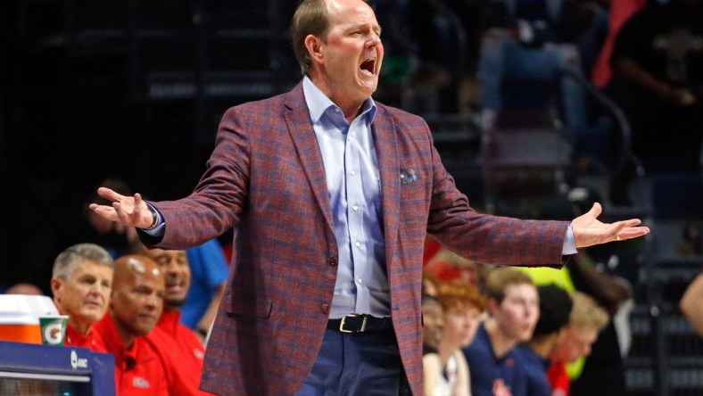 Dec 4, 2021; Oxford, Mississippi, USA; Mississippi Rebels head coach Kermit Davis reacts to a call during the second half against the Memphis Tigers at The Sandy and John Black Pavilion at Ole Miss. Mandatory Credit: Petre Thomas-USA TODAY Sports