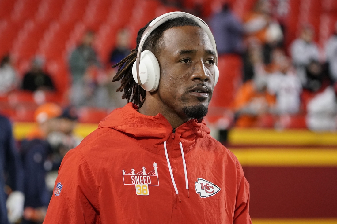 Dec 5, 2021; Kansas City, Missouri, USA; Kansas City Chiefs cornerback L'Jarius Sneed (38) warms up against the Denver Broncos before the game at GEHA Field at Arrowhead Stadium. Mandatory Credit: Denny Medley-USA TODAY Sports