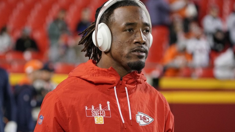 Dec 5, 2021; Kansas City, Missouri, USA; Kansas City Chiefs cornerback L'Jarius Sneed (38) warms up against the Denver Broncos before the game at GEHA Field at Arrowhead Stadium. Mandatory Credit: Denny Medley-USA TODAY Sports