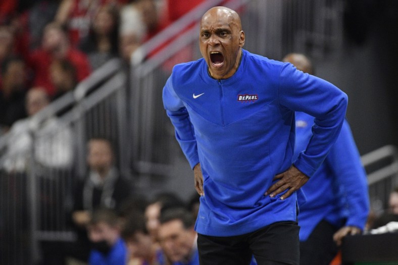 Dec 10, 2021; Louisville, Kentucky, USA;  DePaul Blue Demons head coach Tony Stubblefield reacts on the sideline during the first half against the Louisville Cardinals at KFC Yum! Center. Mandatory Credit: Jamie Rhodes-USA TODAY Sports